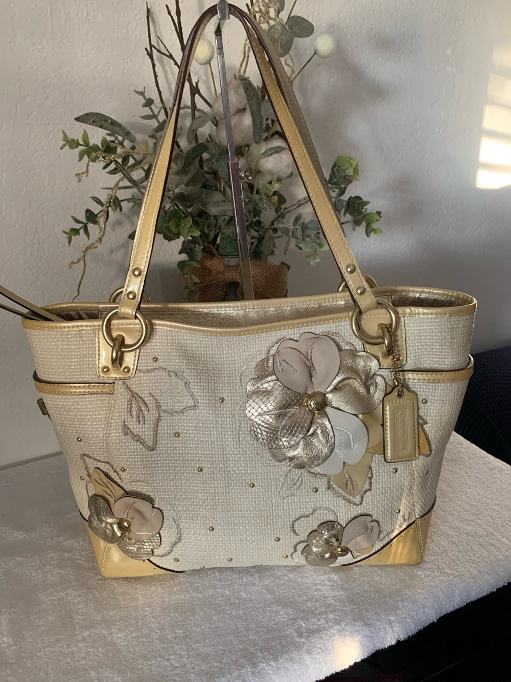 Coach Limited Edition Hampton Cream Tote with Gold Floral Appliqués